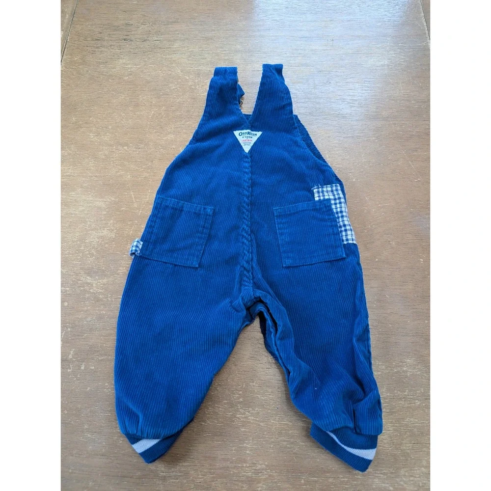 Vintage OshKosh Bgosh Blue Corduroy Overalls Plaid Patch USA Made Kids 12M‎